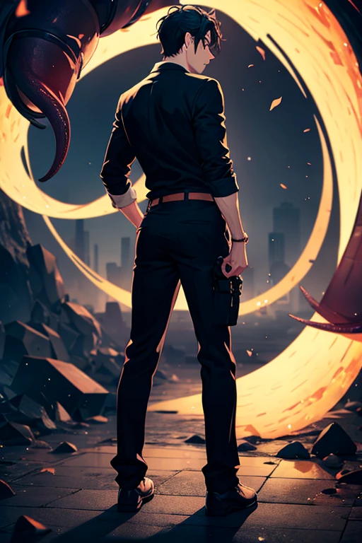 A man,full body, standing,Have black eyes and tentacles in his back