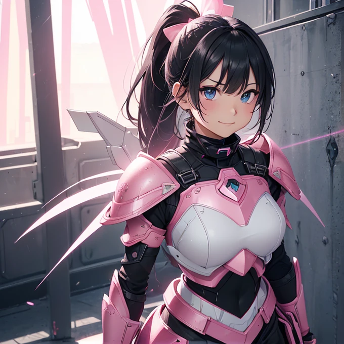 (absurdres, best high quality image, carefuly detailed features and textures, very detailed image, solo character alone, full character view and design): {{(1character: space japanese 26 yeard old girl soldier), (beautiful face, asian shaped blue eyes, fair skin, black long hair tied in a ponytail, black eyebrows, relaxed smiling), (pink space full battle armor, pink shoulder plates, pink breast plate with pink heart-shaped-crystal in the upper breast plate, pink gauntlets, pink elbow plates, pink long plate boots, pink bag back pack), (futuristic bow with laser arrows), (calm pose, walking alone), (futuristic human warm city with light rays from the blue sky)}}
