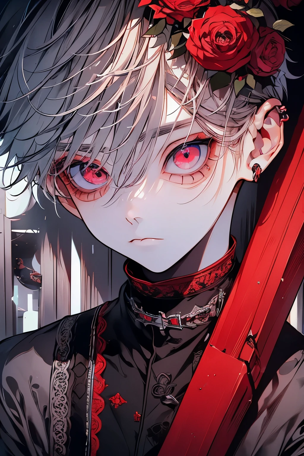 (Mastepiece), (Best Quality), Very detailed, 1 boy, Solo Shooting, Perfect Face, Beautiful Face, Very detailedな顔，(Gray Hair:1.3)，(short hair:1.4)、(Big eyes:1.4)，(Long eyelashes:1.4)、(Red Eyes:1.3)、Black clothes、Lots of flowers、petal