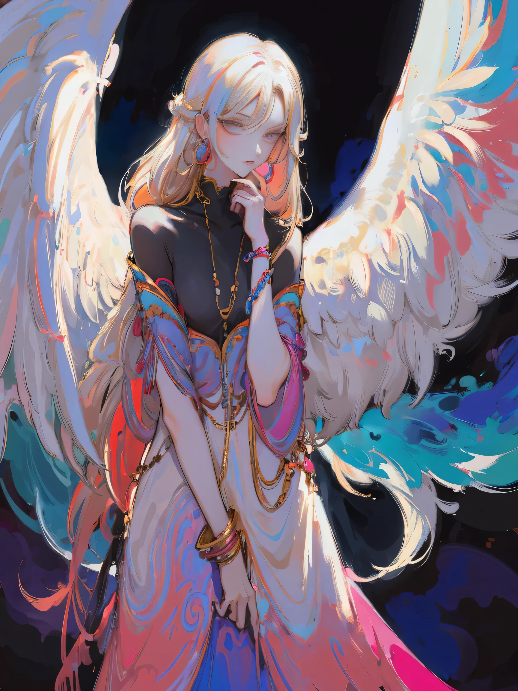 Разработано nty, woman, (angelic), Multi-colored clothes, complex parts, color background, abstract
