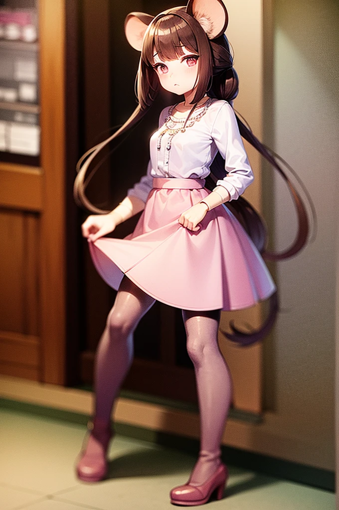 Masterpiece, Ultra quality, 1 girl, mouse-like species, mouse tail, big mouse ears, mouse whiskers, small nose, long shiny brown hair, purple eyes, mirada tender, looking at the viewer closely, pleading look, long pink skirt, white striped shirt, long brown boots, Pearl Necklace, tender