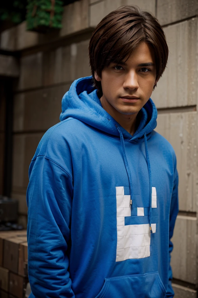 Make fan art of a male character wearing a blue hoodie with brown hair on a Minecraft rendering background