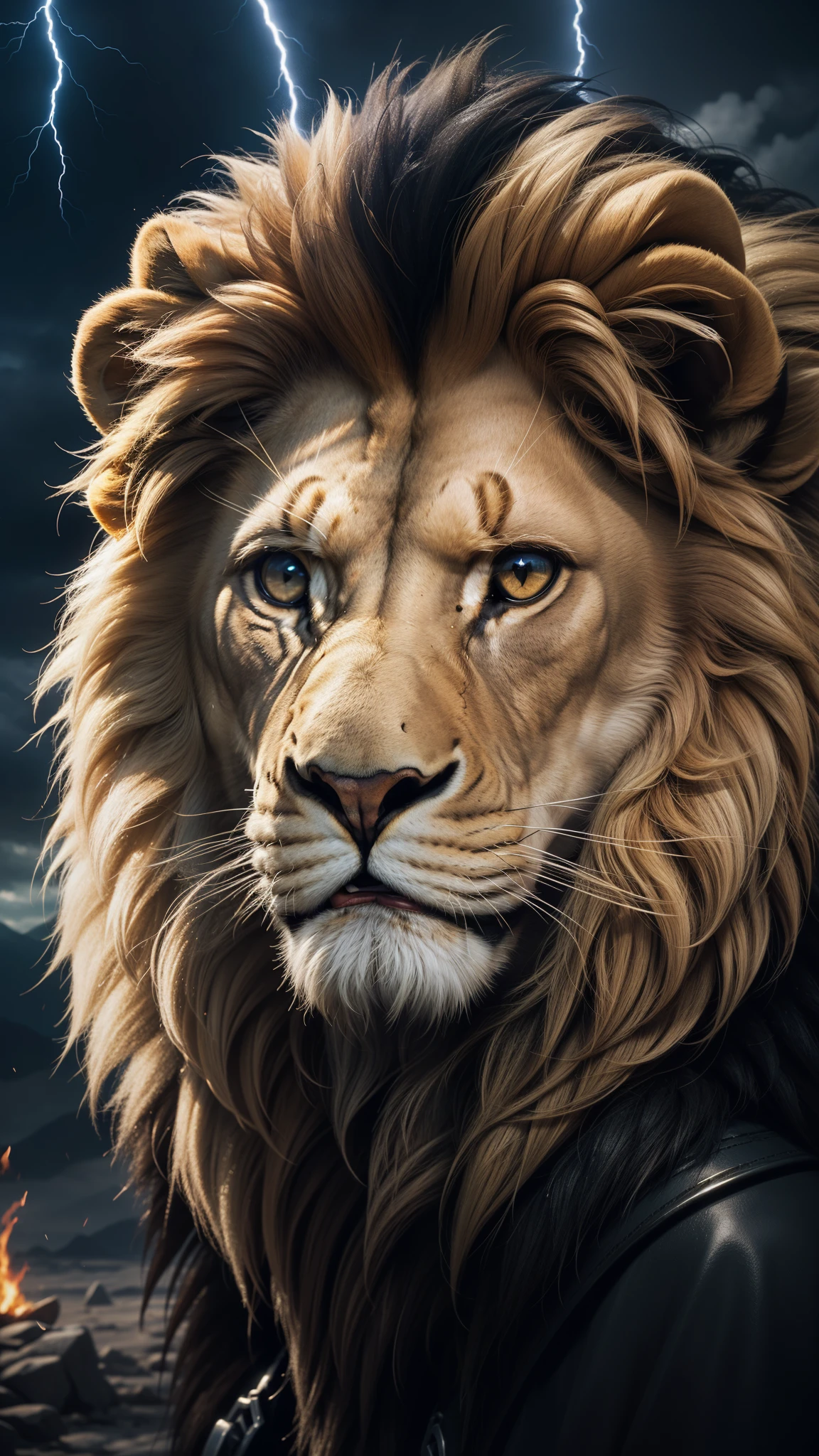Lion, Divine Lion, majestic, comely, fire, villany,  thunder, Sky thunder, stele, photorrealistic 6K, UltraHD Detailed, detailed colors 8K, Lion Elegante, floor, stele, lightning strikes, heavens, céu Godlike, tempest, Towards the heavens, Detailed Realistic Lion, Photorealistic Lion, golden lion, 16K UltraHD, heavenly, Godlike, photorrealistic, Rendering, 4K, 8K, detailed textures, detailed shadows, padoru, detailed colors, God&#39;s Heaven, UltraHD 16K Details, 16k texturas photorrealistics, detailed sharpness 16K, detailed sharpness, detailed colors, realistic shadows, Ultra realistic textures, high power, Natural Beauty, natural colors, realistic contrast, Texturas photorrealistics, detailed colors, lifelike colors, detailed shadows, luminous face, villany, Detailed face 4k, ultra detaild, contraste realista de 8K, detailed sharpness, cores Ultra HD, chic,