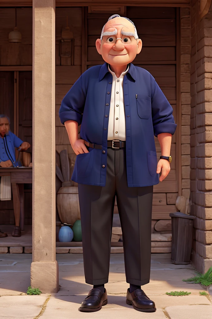 senior citizen, baldie, plumpness, with navy blue dress shirt and black pants, in a village with Indians