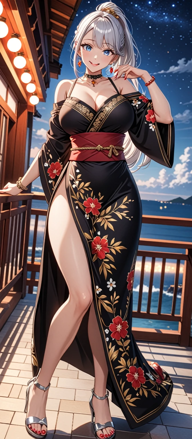 ((One personの女性)), Beautiful Face, (Laugh shyly), (Captivating smile:1.4), ((Wink:1.5)), ((Tilt your head:1.1)), Laugh with your mouth wide open, Upper teeth, View your viewers, ((Doing sexy poses)), ((full-face brash:1.4)), Glossy Red Lips, ((Big Breasts:1.3)), night,Sea view terrace, Starry Sky, Glossy pink lips, (Shining Face), ((Anime style background)),masterpiece, Highest quality, so beautiful,Latest, Complex details, (Red colored long nails), (nail art), (ring),(bracelet),(Floral Choker), AI-generated, Complex,High resolution, Highest quality, super high quality,3D Images、3D Images,One person,Long white hair,High Ponytail, Anime woman posing for a photo, ((Silver Eyes:1.7)), ((fine grain、Bright Blue Eyes、Shining Eyes:1.4)), (Squint your eyes:1.1),a hyperRealistic , hyperRealistic , Realistic,Long white hairのアニメ女性, Smooth anime CG art, (A woman in a colorful kimono with gold embroidery), ((Black kimono:1.5)), Red floral pattern,Long flower hair ornament,Floral Earrings,((Black High Heel Sandals)),Mature Body,Tall,Abdominal muscles,Tight waist, ((full body:1.5)), (Zoom in on face), (dutch angle:1.3),