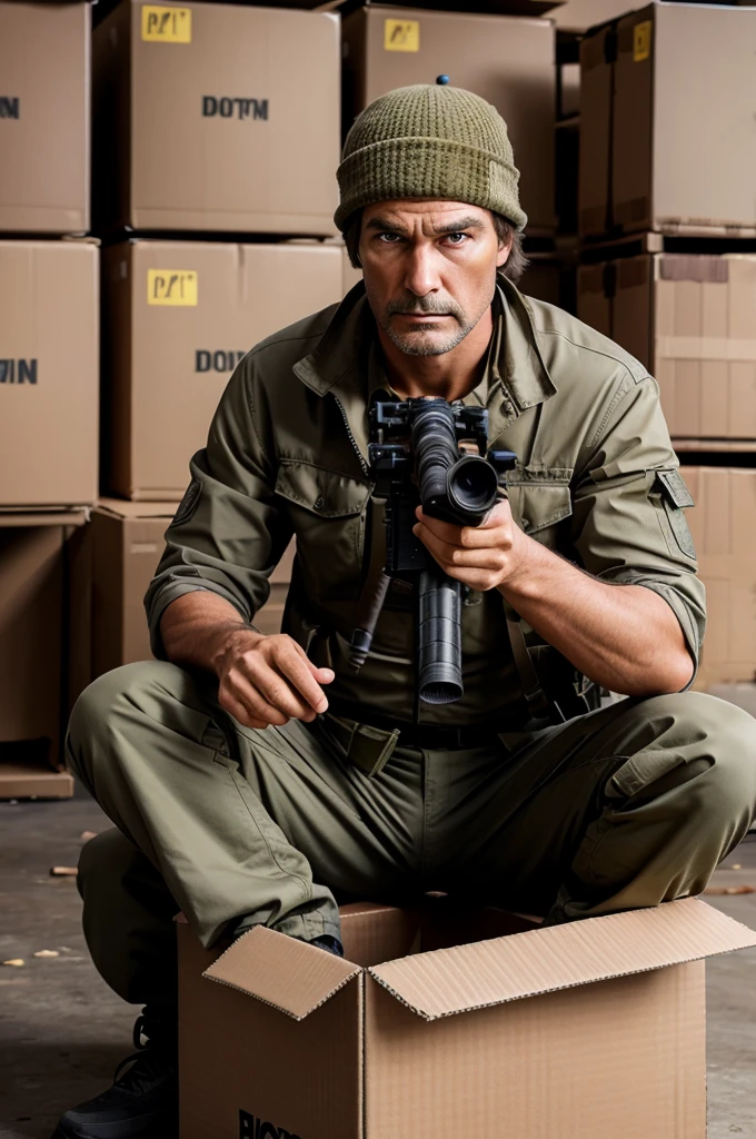 Generate a image in which a sniper sit on a box with his big gun which is double size of him and gives a death stare
