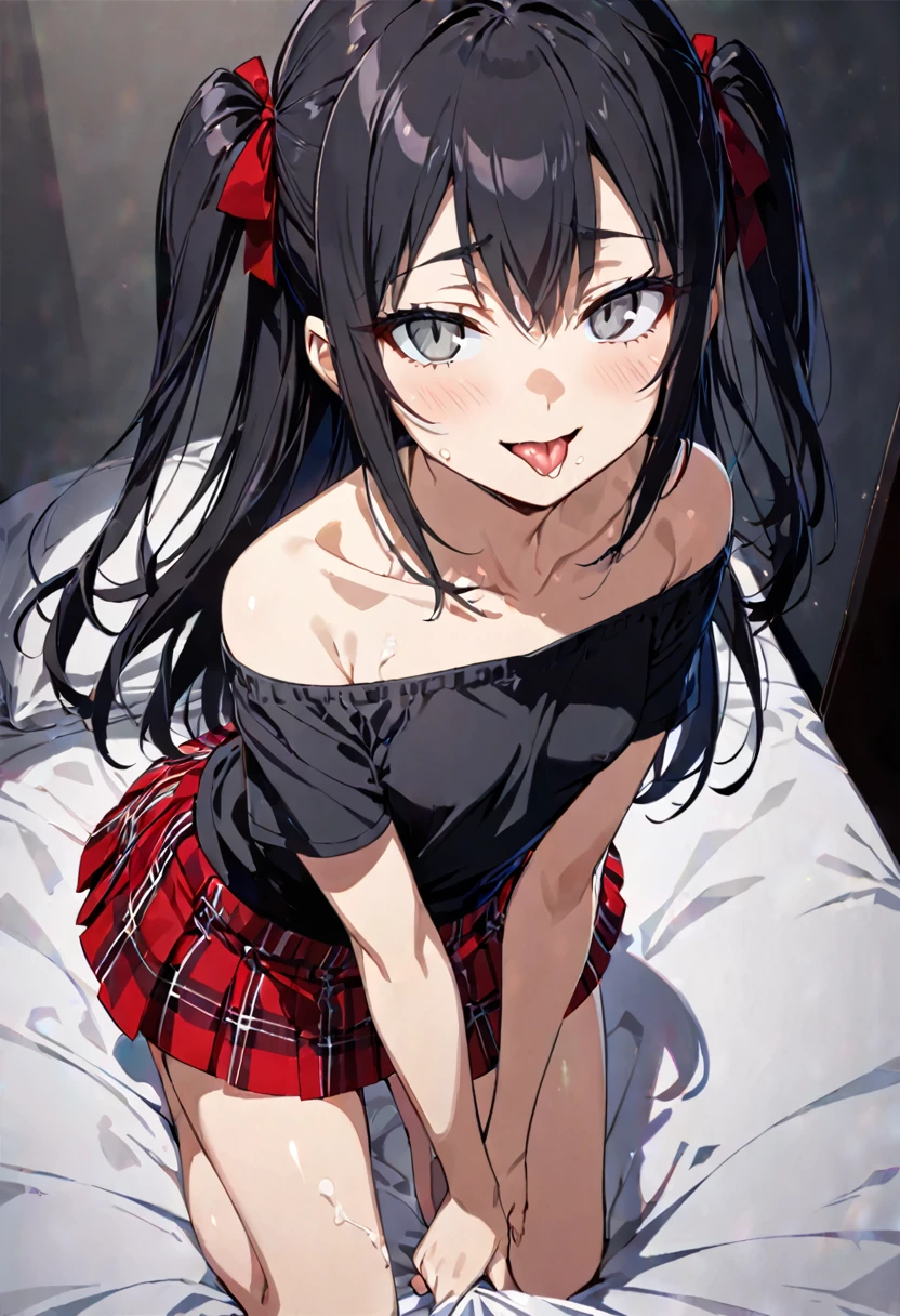 ,collarbone,black t-shirt,off-shoulder look,Black and red checkered short skirt,first round,(1girl,Beautiful 14 year((Slender,,low length,Small breasts,Thin legs,ss,Baby Face,Small face)ick,open mouth,tongue out,cum on tongue,front face,froront,side view,looking at viewer, looking ahead,from above,cowboy shot,Black Hair,two side up,Gray Eyes,Drooping eyes,slit pupils,narrow eyes.middle School girls,Kneeling,Straight Stand,Beautiful and detailed anime art,Mischievous smile,Sexy vibe,Dimly lit room,On thed,Simple Background,Gray background,Low lighting