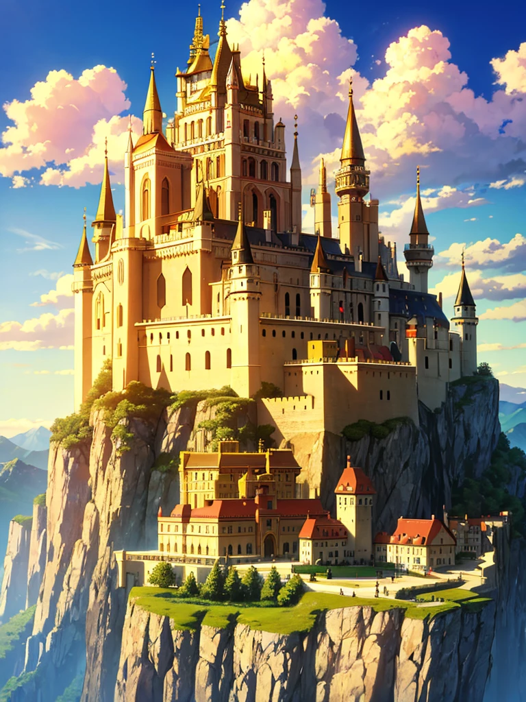 golden castle on mountain, sky ,sunny day,sunlight,mountains,clouds