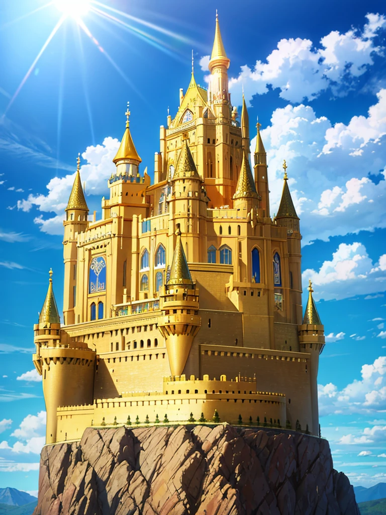 golden castle on mountain, sky ,sunny day,sunlight,mountains,clouds