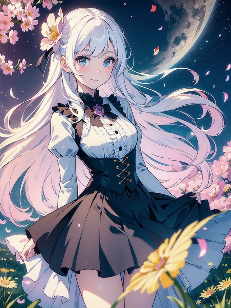 masterpiece, best quality, 1girl, (colorful),(delicate eyes and face), volumatic light, ray tracing, bust shot ,extremely detailed CG unity 8k wallpaper,solo,smile,intricate skirt,((flying petal)),(Flowery meadow) sky, cloudy_sky, moonlight, moon, night, (dark theme:1.3), light, fantasy, windy, magic sparks, dark castle,white hair
