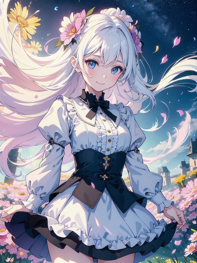 masterpiece, best quality, 1girl, (colorful),(delicate eyes and face), volumatic light, ray tracing, bust shot ,extremely detailed CG unity 8k wallpaper,solo,smile,intricate skirt,((flying petal)),(Flowery meadow) sky, cloudy_sky, moonlight, moon, night, (dark theme:1.3), light, fantasy, windy, magic sparks, dark castle,white hair