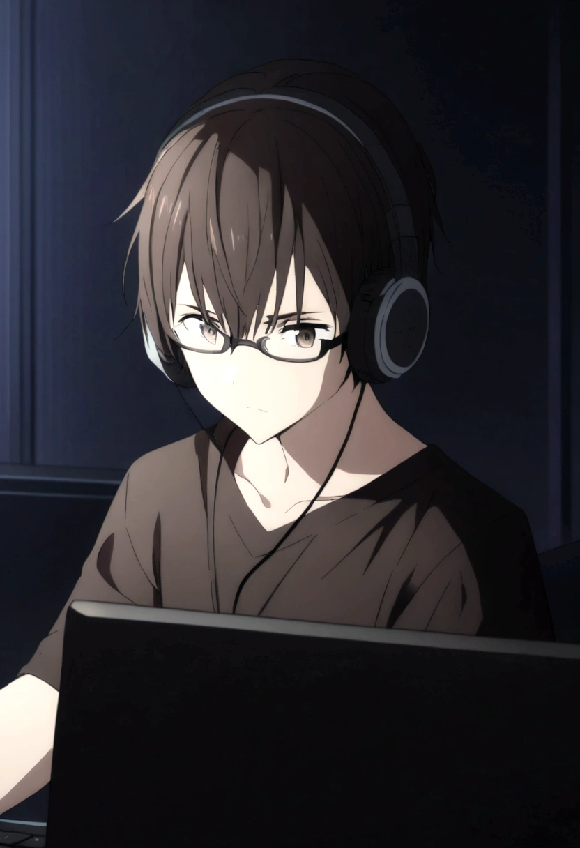 a character with dark brown hair and wearing glasses and wearing a black shirt in a dark room playing on the computer and using headphones