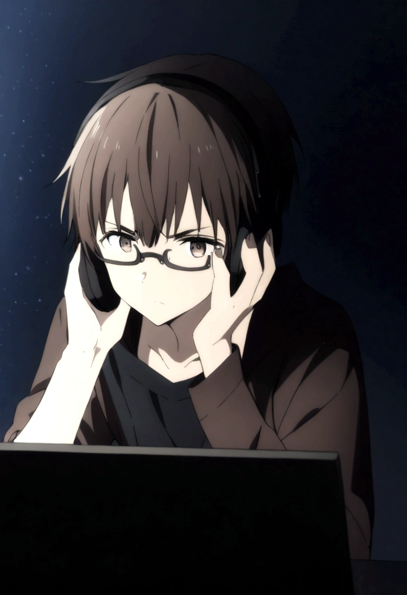 a character with dark brown hair and wearing glasses and wearing a black shirt in a dark room playing on the computer and using headphones