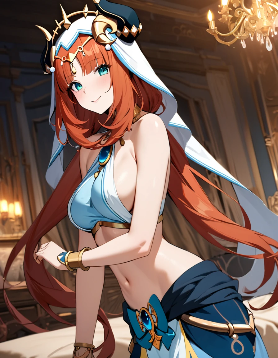 (masterpiece), best quality, expressive eyes, perfect face,Mature female,1 girl (nilou,Genshin impact),(harem outfit,exposed midriff,topless),royal bedroom background,medium breasts,smile,topless,nipple,slim figure,