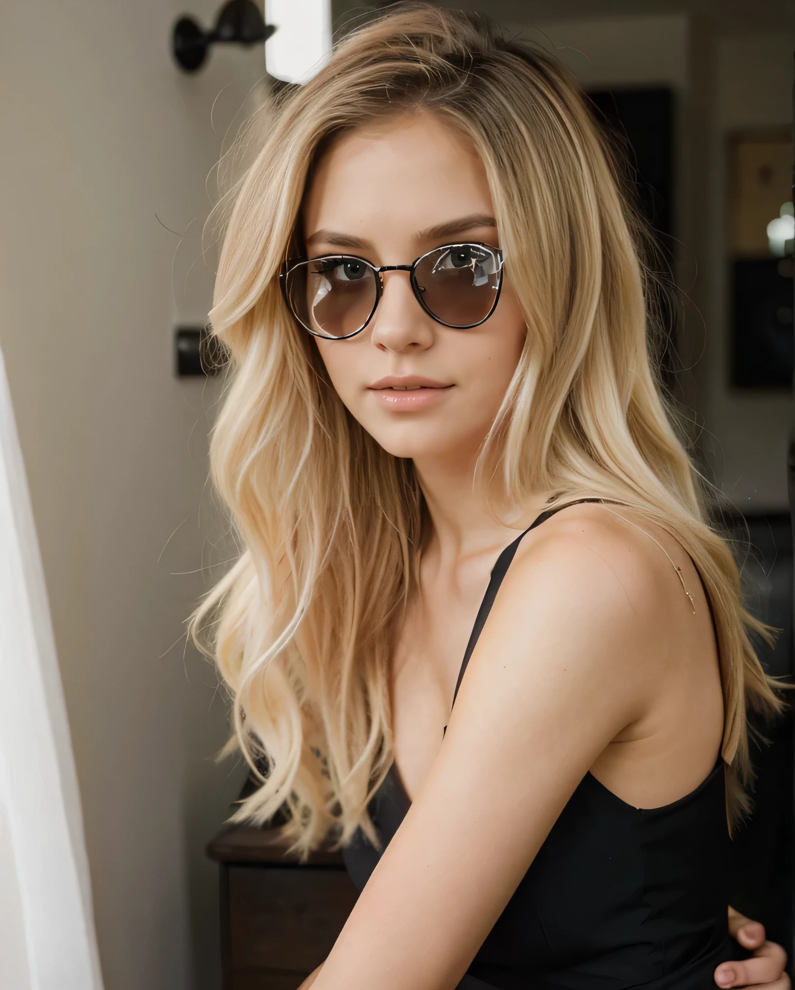 Blonde girl with glasses and black dress. Realistic beautiful photo