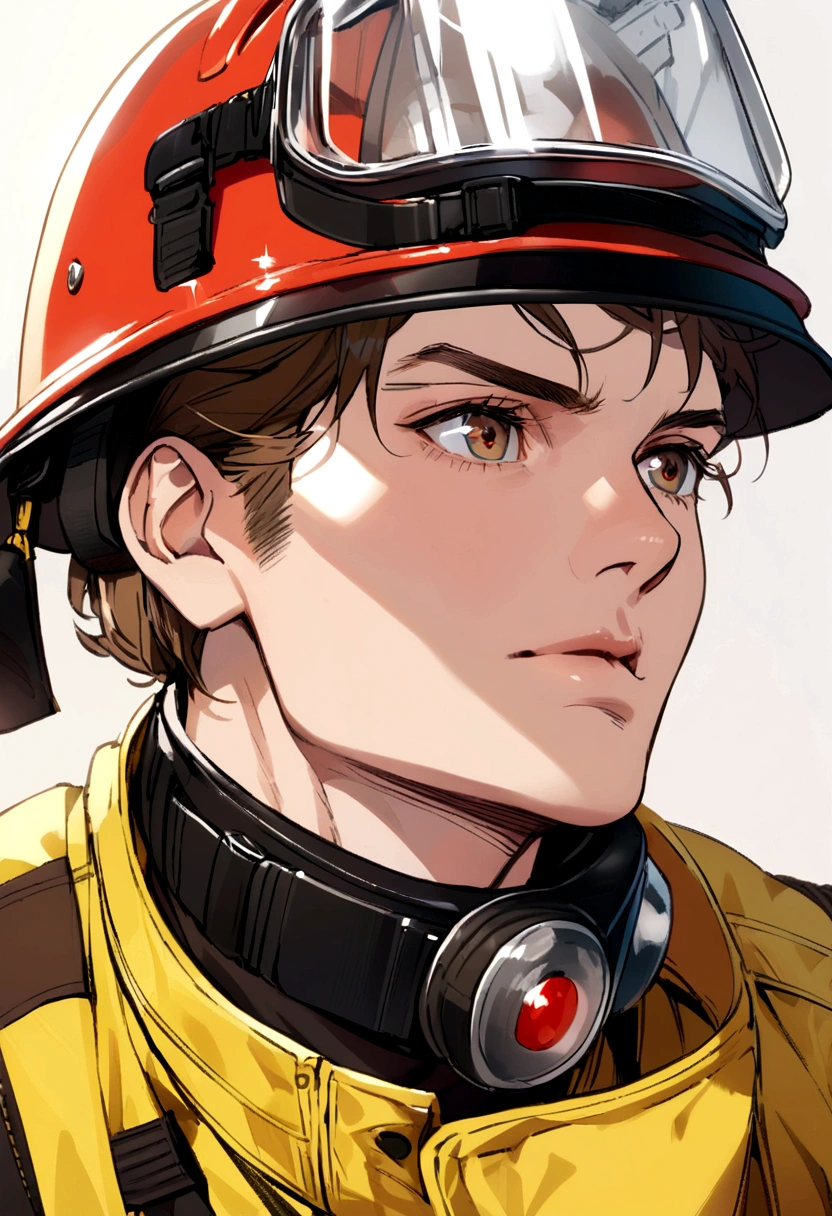 man, brown hair, wearing a helmet and firefighter's clothing