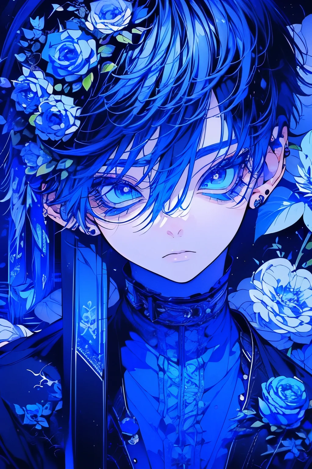 (Mastepiece), (Best Quality), Very detailed, 1 boy, Solo Shooting, Perfect Face, Beautiful Face, Very detailedな顔,(Blue Hair:1.3),(short hair:1.4)、(Big eyes:1.4),(Long eyelashes:1.4)、(Blue Eyes:1.3)、Black clothes、Lots of flowers、petal