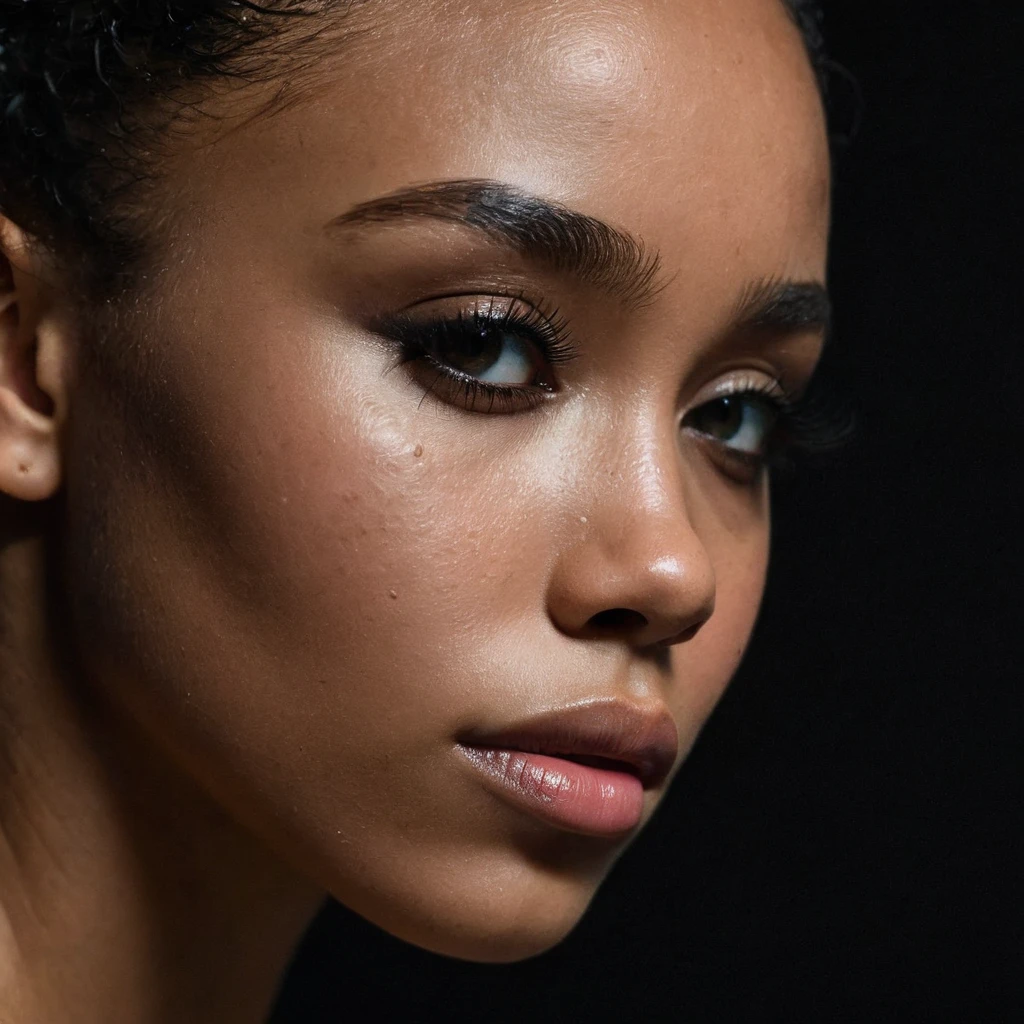 close up and zoomed in on a beautiful depressed very sad emotional sad crying black girl and a black background, sad, depressed, emotional, close up on side profile only showing cheek and eyelight falling on face, noir photorealism, mysterious portrait of a woman, chiaroscuro portrait, close up on side profile, tinashe, zoe kravitz, zoomed in on tear drop, euphoria vibes, black and white, dark