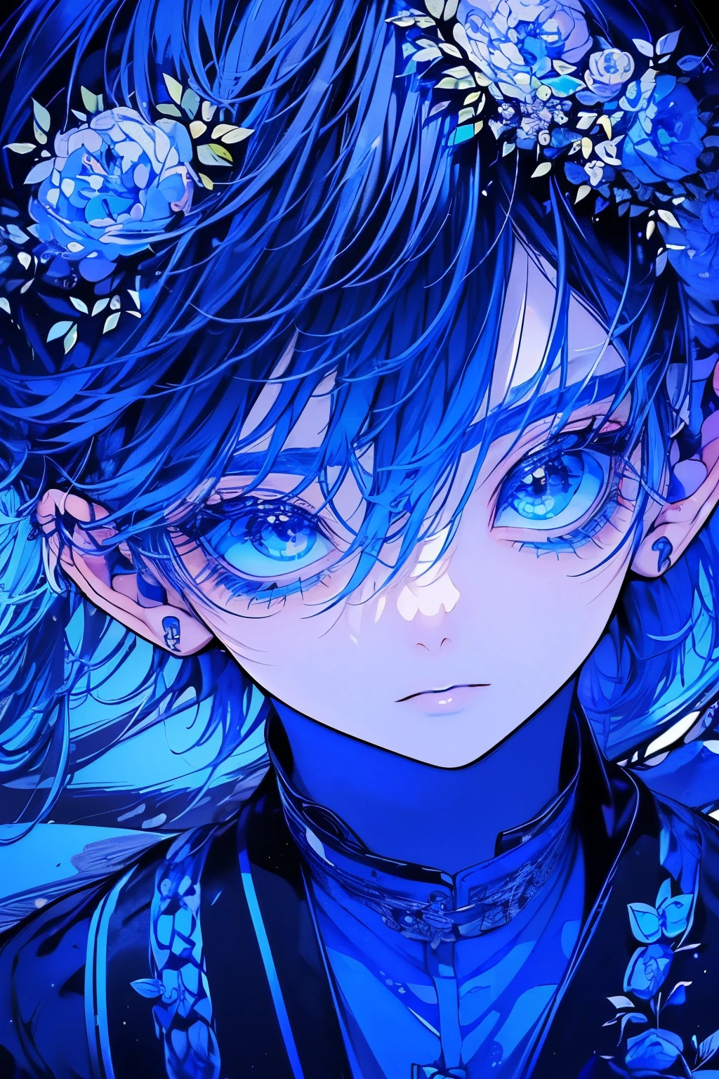 (Mastepiece), (Best Quality), Very detailed, 1 boy, Solo Shooting, Perfect Face, Beautiful Face, Very detailedな顔，(Blue Hair:1.3)，(short hair:1.4)、(Big eyes:1.4)，(Long eyelashes:1.4)、(Blue Eyes:1.3)、Black clothes、Lots of flowers、petal