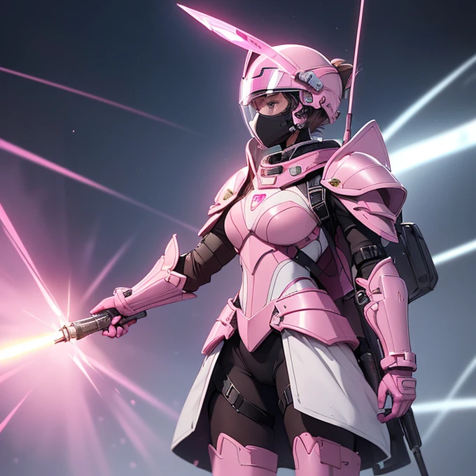 (absurdres, best high quality image, carefuly detailed features and textures, very detailed image, solo character alone, full character view and design): {{(1character: space japanese 26 yeard old girl soldier), (pink metal helmet showing no face, white helmet light visor, pink space full battle armor, pink shoulder plates, pink breast plate with pink heart-shaped-crystal in the upper breast plate, pink gauntlets, pink elbow plates, pink long plate boots, pink bag back pack), (futuristic bow with laser arrows), (calm pose, walking alone), (futuristic human warm city with light rays from the blue sky)}}