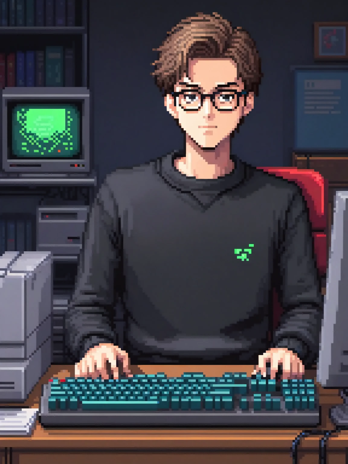 pixel art 64x64, a young man typing on an old computer, confident, black sweatshirt, glasses