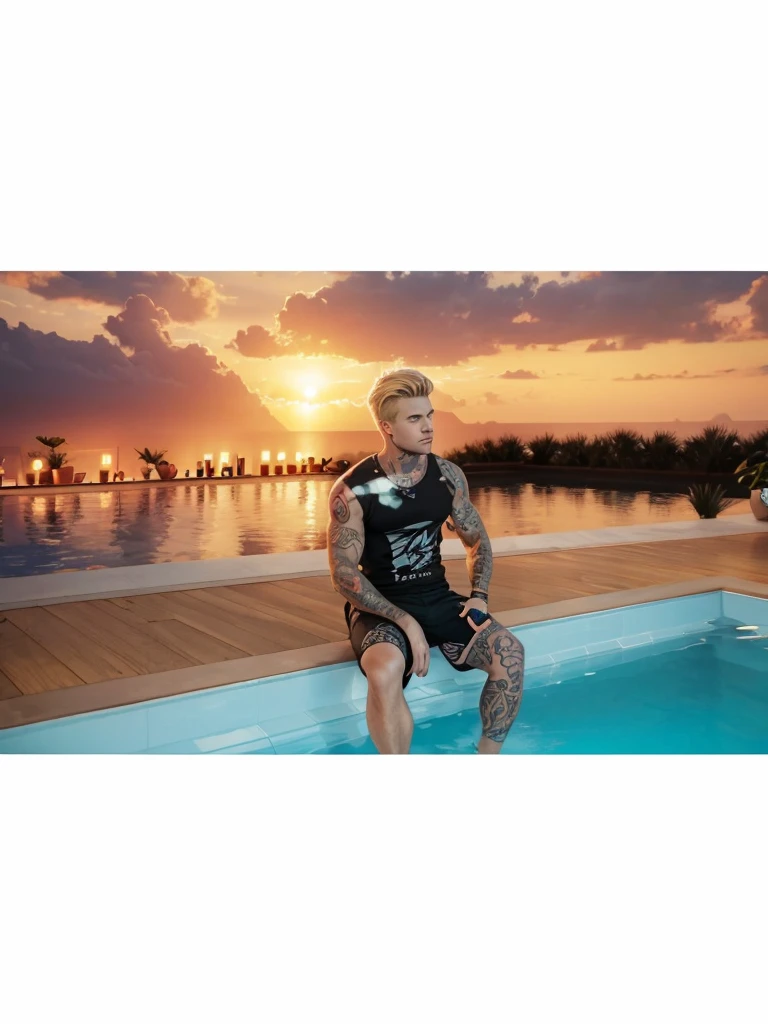 A strong man with short blond hair, sitting in a pool, with black t-shirt, with black shorts and tattoos on the body.