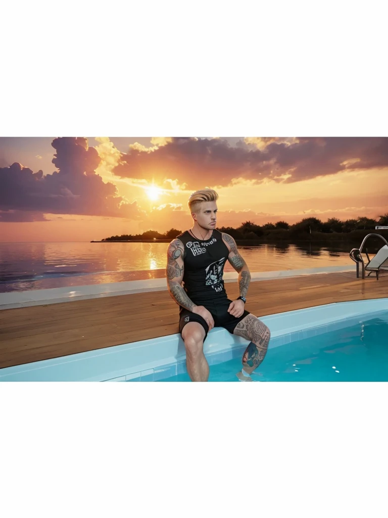 high quality, 1man, (((handsome blonde american dilf))), (((Swim trunks))), (((blue eyes))) (((in Dream pool)))