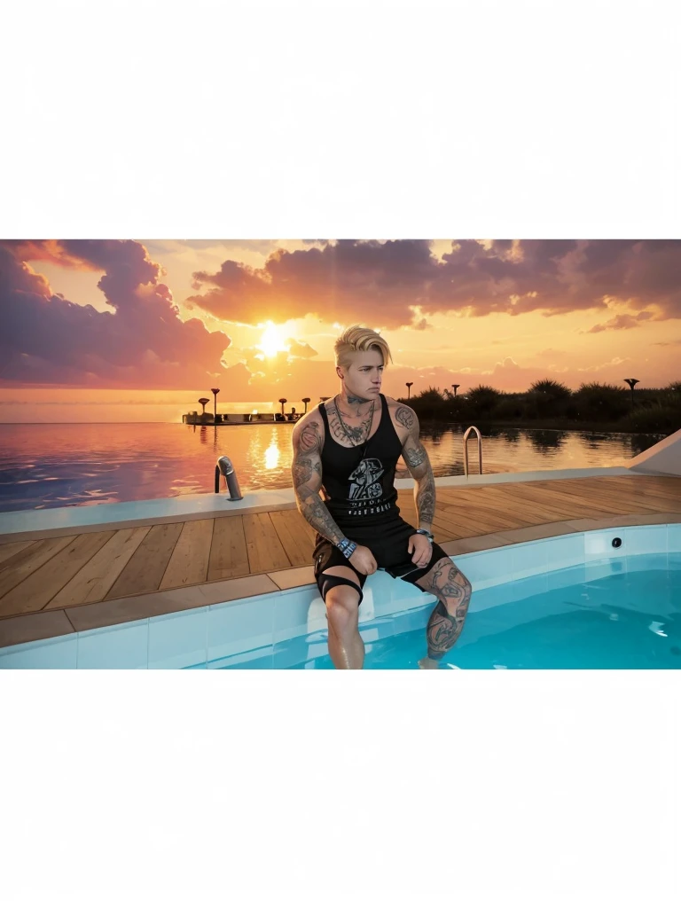 A strong man with short blond hair, sitting in a pool, with black t-shirt, with black shorts and tattoos on the body.