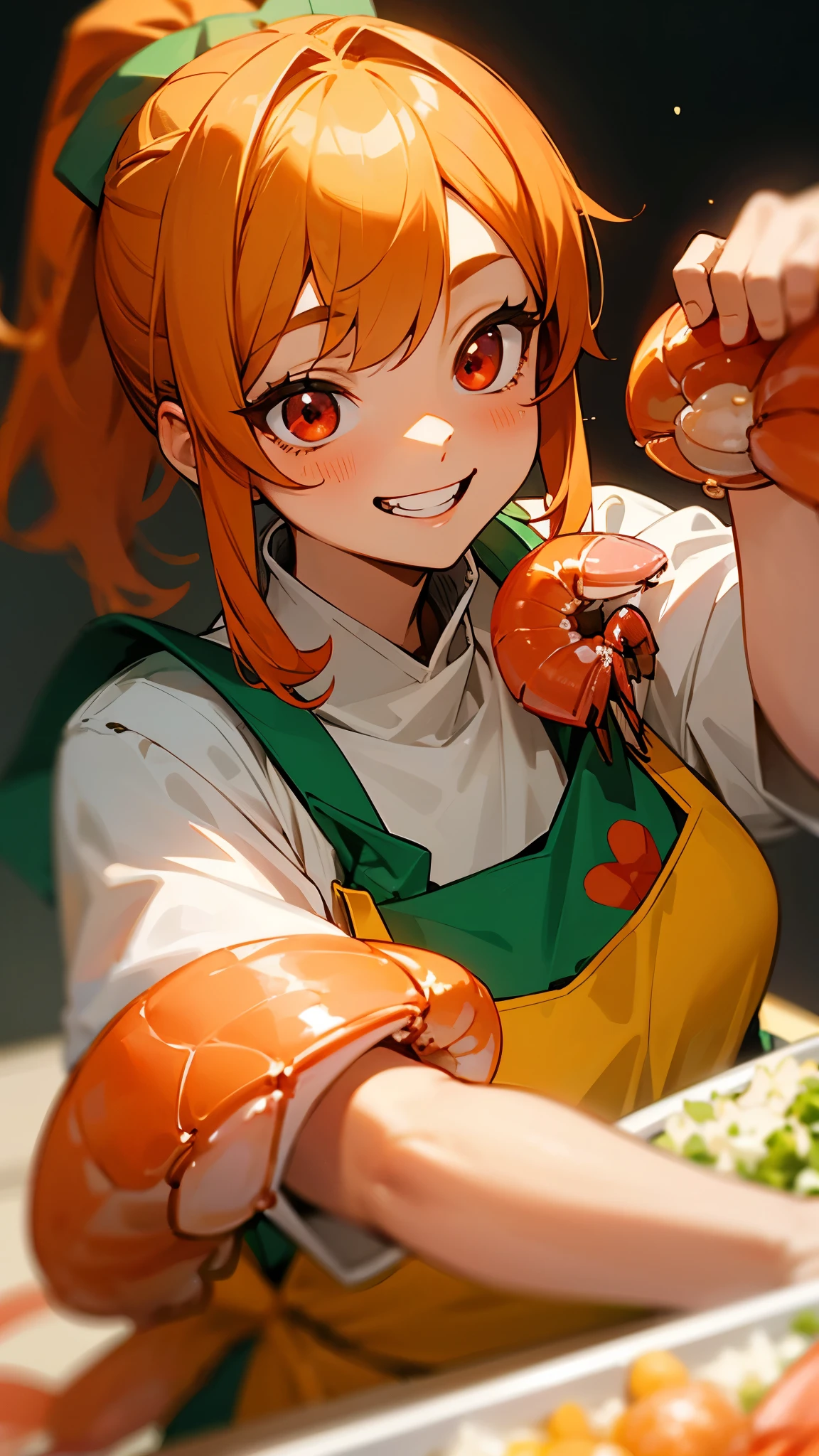 Cute shrimp woman is cooking delicious food in the kitchen、Orange Hair、ponytail、Round red eyes、Green Peasant Tunic、Yellow apron、Grin、Upper body close-up