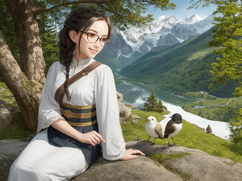 Cute Woman sitting on rock 、Beautiful forest, high mountains of the Alps, one bird 、Realistic, Masterpiece, Cinematic, Gorgeous national costume, detailed beautiful eyes, a smile that reveals a hint of white teeth, Braid, Glasses
