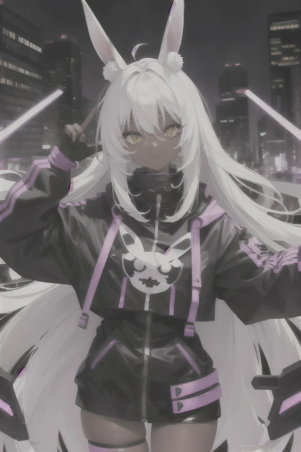 Cute dark skin , bunny ears , white hair with purple accents, yellow eyes  , Cyborg , night city