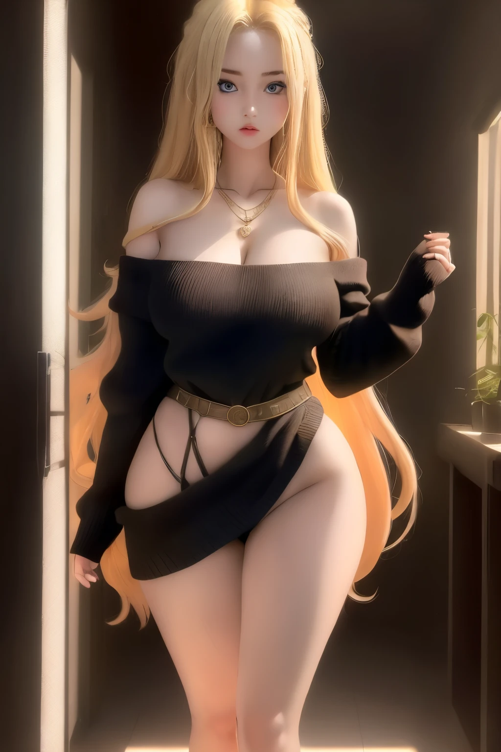 1 girl in, 19yearsold, standing alone, long hair, Colossal , gazing at viewer, hair blonde, bared shoulders, eyes browns, jewelry, whole body, a necklace, off the shoulders, Sweaters, realisitic, A sexy. The character must have very large breasts and thick legs. Furthermore, the waist must be striking and sensual