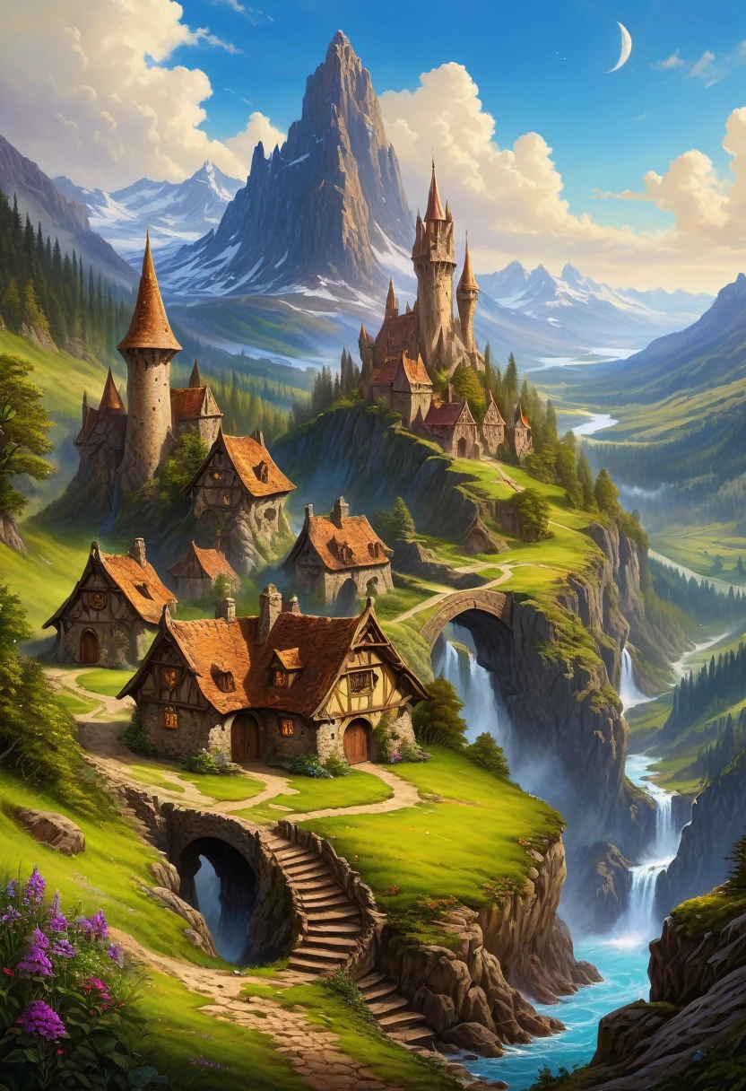 A magical map to fantasy land, (fantasy town in middle: 1.5), (meadows near center: 1.0), (small patches of forests: 0.8), (mountains on borders: 1.1), (4 dungeons near mountains: 1.8 ), torn and worn with age, sitting on the wizard's table, overflowing with vibrant ink, (best quality, 4k, 8k, highres, masterpiece:1.2), brimming with imagination, fantasy art, vibrant contrasting colors, style of Stephen Hickman and Stan Manoukian, ultra realistic, masterpiece, high quality, highres, sharp focus, intricate, sharp details, highly detailed, rich color, 8K,