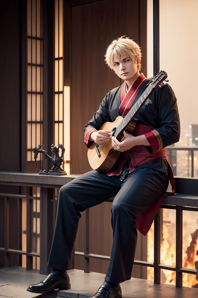 Draw Nero sitting on a balcony playing a lyre, in the background a burning city with Japanese-style fire, the front shot where Nero is in bluish tones and a calm expression on his face