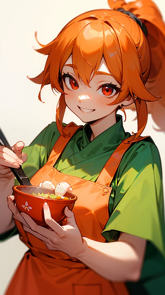 Cute shrimp woman is cooking delicious food in the kitchen、Orange Hair、ponytail、Round red eyes、Green Peasant Tunic、Yellow apron、Grin、Upper body close-up