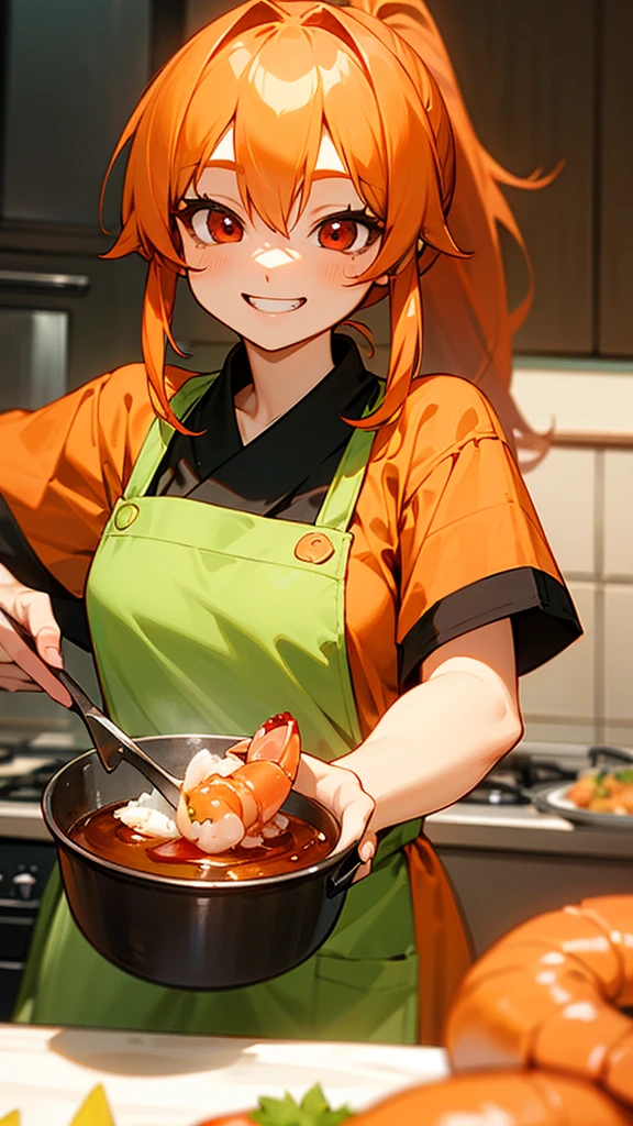 Cute shrimp woman is cooking delicious food in the kitchen、Orange Hair、ponytail、Round red eyes、Green Peasant Tunic、Yellow apron、Grin、Upper body close-up