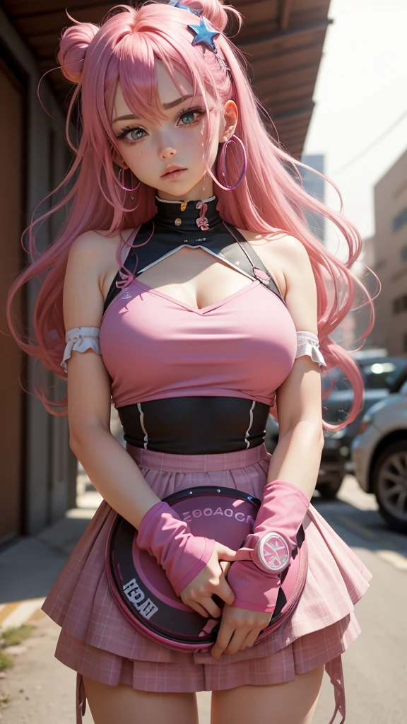 Pink Hair, Gradient hair, Messy hair, hairpin, Hairpin, Elbow pads, Star Hair Accessories, Raise an eyebrow, Colorful eyes, Hoop Earrings, moan, Torogao, Anime style, From below, Chromatic Aberration, Ultra HD, 8K