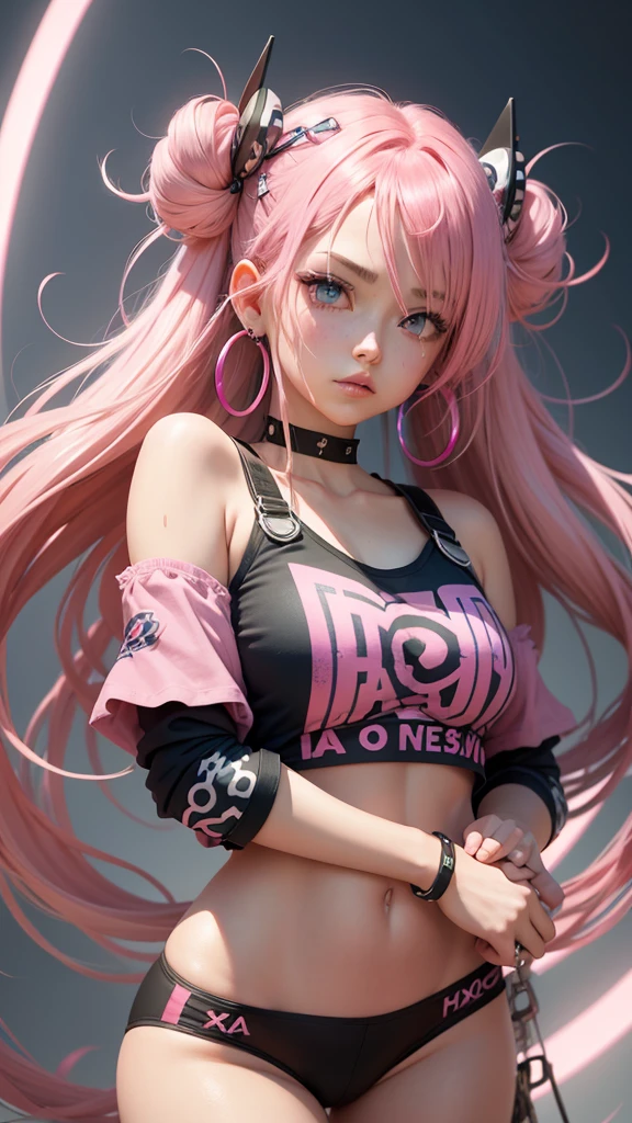 Pink Hair, Gradient hair, Messy hair, hairpin, Hairpin, Elbow pads, Star Hair Accessories, Raise an eyebrow, Colorful eyes, Hoop Earrings, moan, Torogao, Anime style, From below, Chromatic Aberration, Ultra HD, 8K