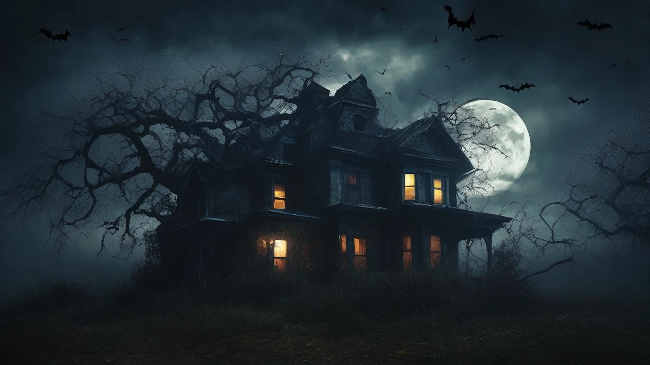 dark stormy night, ominous clouds, twisted trees, full moon, bats flying, cobwebs, horror atmosphere, moody colors, cinematic style