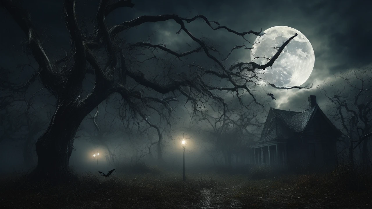 dark stormy night, ominous clouds, twisted trees, full moon, bats flying, cobwebs, horror atmosphere, moody colors, cinematic style