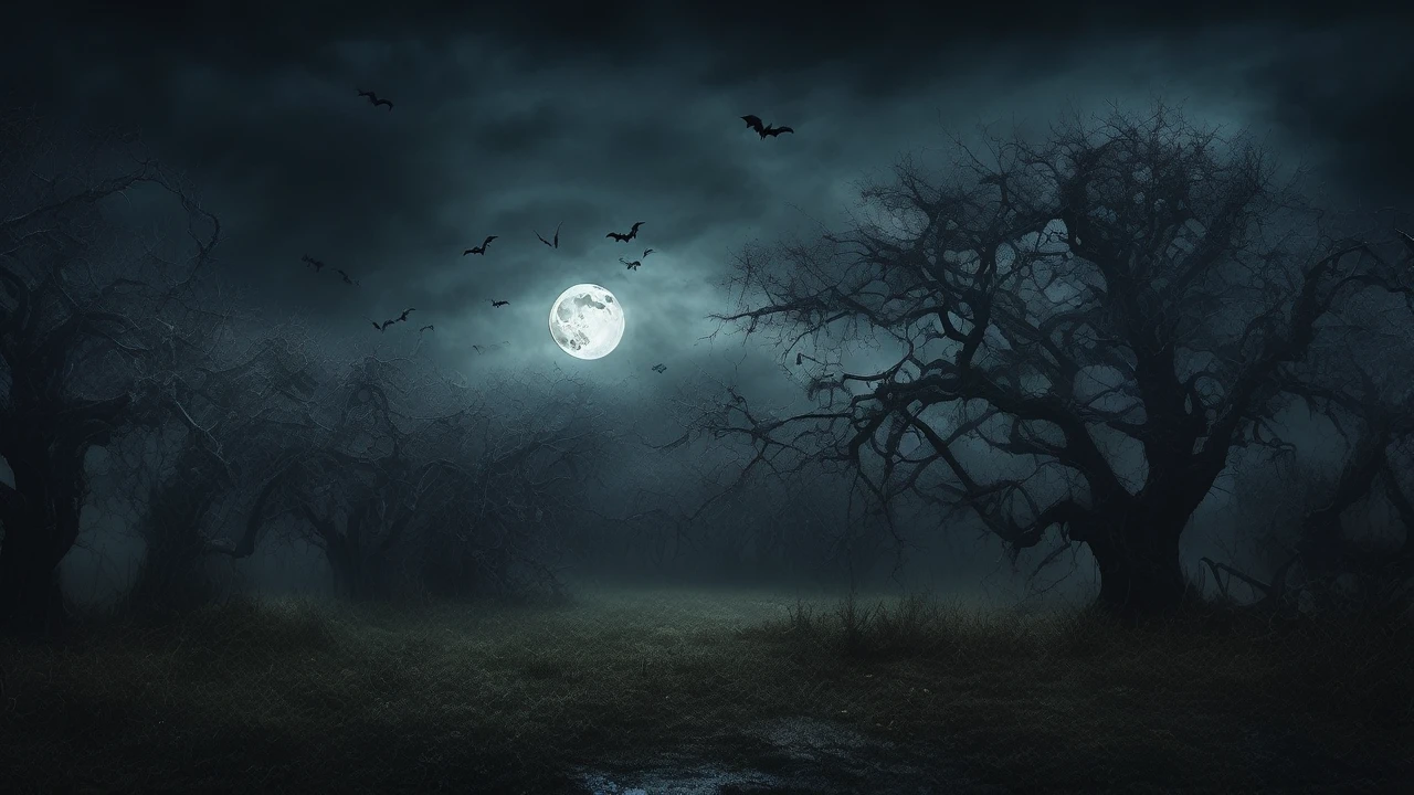 dark stormy night, ominous clouds, twisted trees, full moon, bats flying, cobwebs, horror atmosphere, moody colors, cinematic style