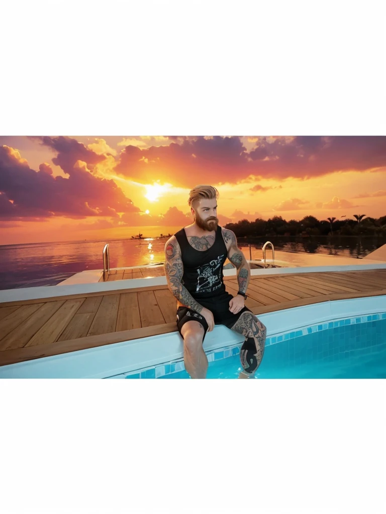 A strong man with short blond hair, with beard, sitting in a pool, with black t-shirt, with black shorts and tattoos on the body.