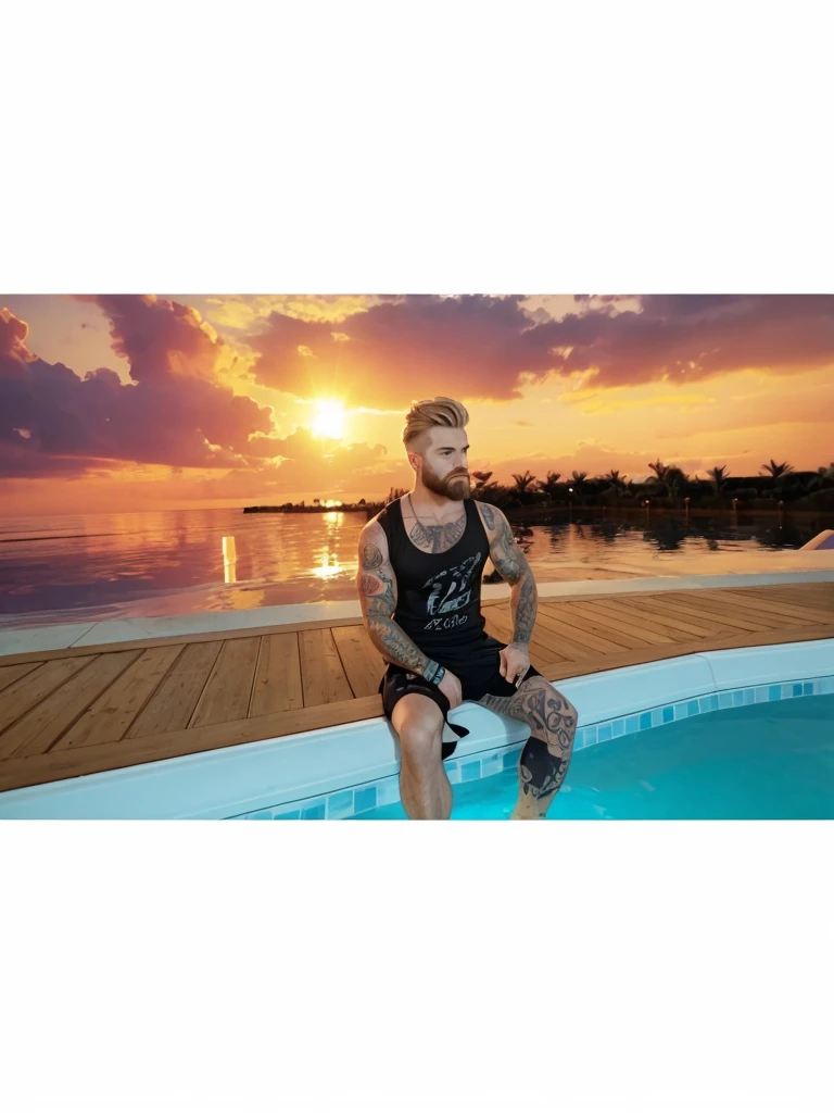 A strong man with short blond hair, with beard, sitting in a pool, with black t-shirt, with black shorts and tattoos on the body.