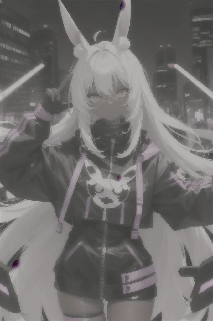 Cute dark skin , bunny ears , white hair with purple accents, yellow eyes , Cyborg , night city