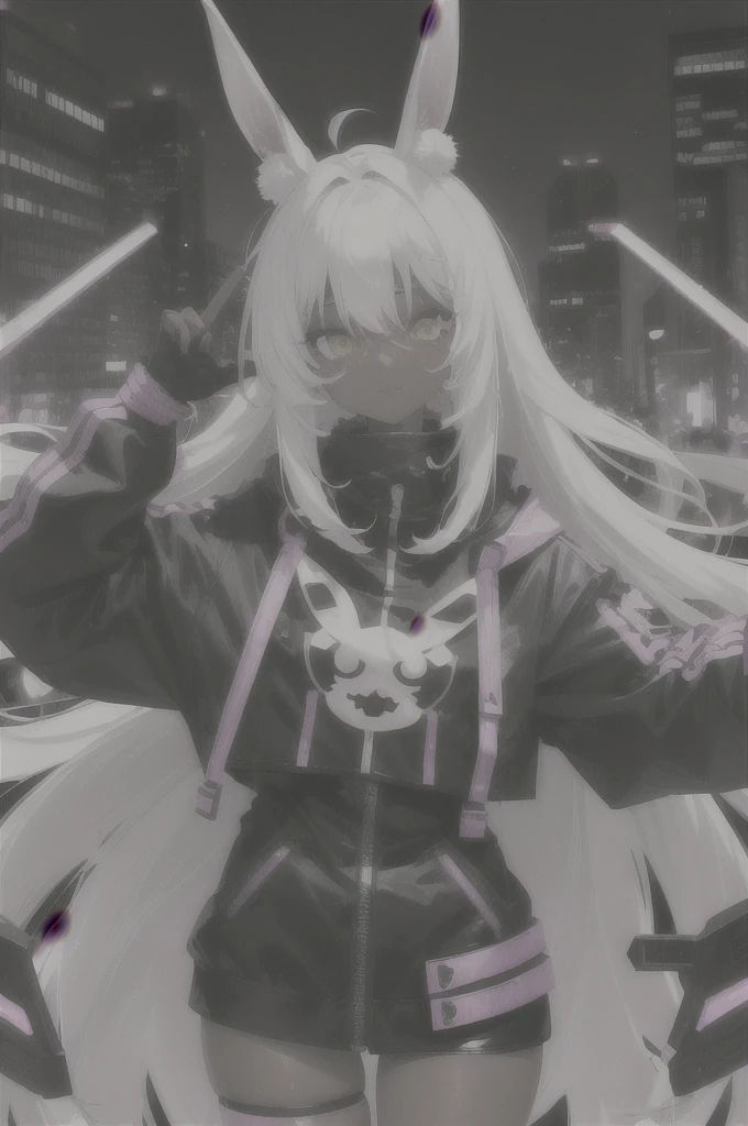 Cute dark skin , bunny ears , white hair with purple accents, yellow eyes , Cyborg , night city