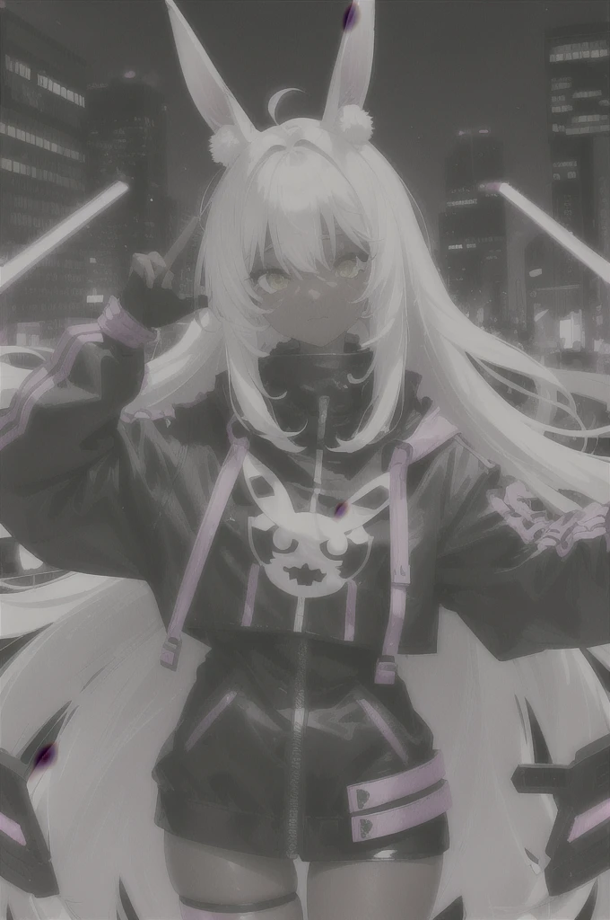 Cute dark skin , bunny ears , white hair with purple accents, yellow eyes  , ice , night city