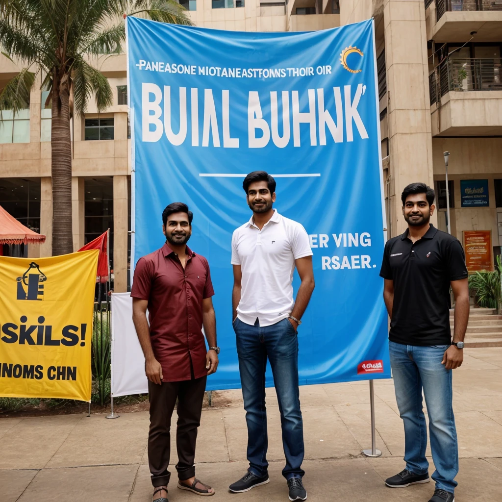 2 Indian Friends male ( 1 tall and 1 short ) standing in front of a banner saying BKL'S