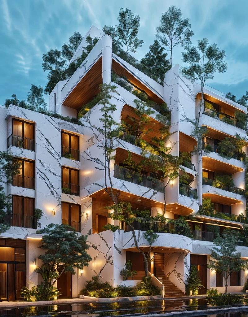 3D render of a beautiful house, Dark, gray tones, white wall. lumion render, night time render, insanely detailed rendering, realistic architecture, architectural visualization. The house is adorned with elegant lighting and plants to enhance its exterior appearance in a Vietnam city street. The staircase leading into the house is tiled with black marble and has bright LED lights. Behind are hills and mountains with clear blue sky. balcony with green plants. The main door is made of black aluminum and glass reaching up to the ceiling. Looking through the glass windows to look inside the house with luxurious interiors with luxurious and warm lights, interior lighting rendering and lighting effects. marble and wood and glass, dark and modern, luxcore render, taken with professional photography techniques, using a wide angle lens with bright natural light and high resolution details, in the style of professional photograph, hyper realistic, highly detailed.