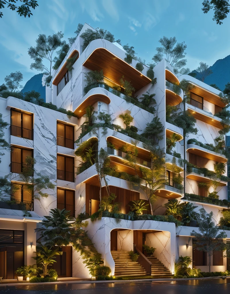 3D render of a beautiful house, Dark, gray tones, white wall. lumion render, night time render, insanely detailed rendering, realistic architecture, architectural visualization. The house is adorned with elegant lighting and plants to enhance its exterior appearance in a Vietnam city street. The staircase leading into the house is tiled with black marble and has bright LED lights. Behind are hills and mountains with clear blue sky. balcony with green plants. The main door is made of black aluminum and glass reaching up to the ceiling. Looking through the glass windows to look inside the house with luxurious interiors with luxurious and warm lights, interior lighting rendering and lighting effects. marble and wood and glass, dark and modern, luxcore render, taken with professional photography techniques, using a wide angle lens with bright natural light and high resolution details, in the style of professional photograph, hyper realistic, highly detailed.