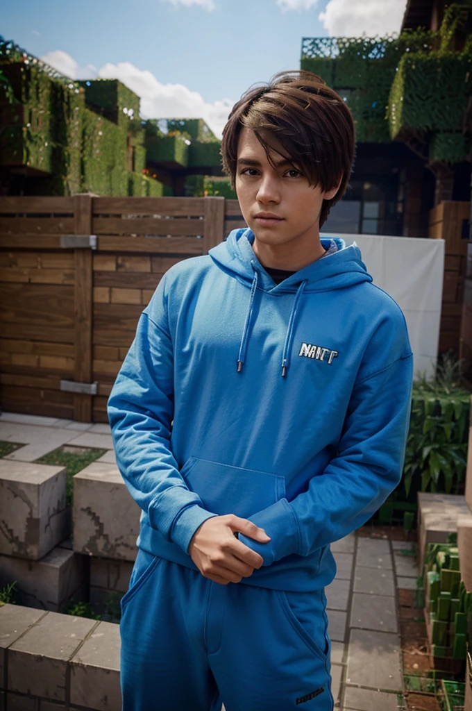 Make fanart of a male Minecraft character wearing a blue hoodie with brown hair on the Minecraft rendering background